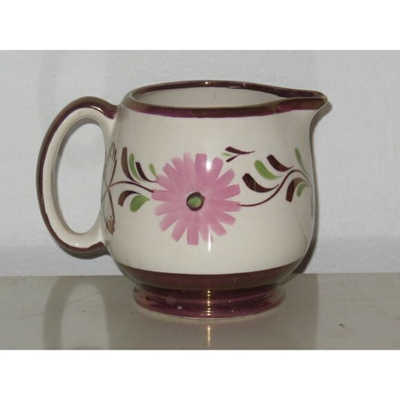 Gray's Pottery Copper Lusterware Creamer Leaves Pink Flower 3.5" 8oz. - Picture 1 of 3